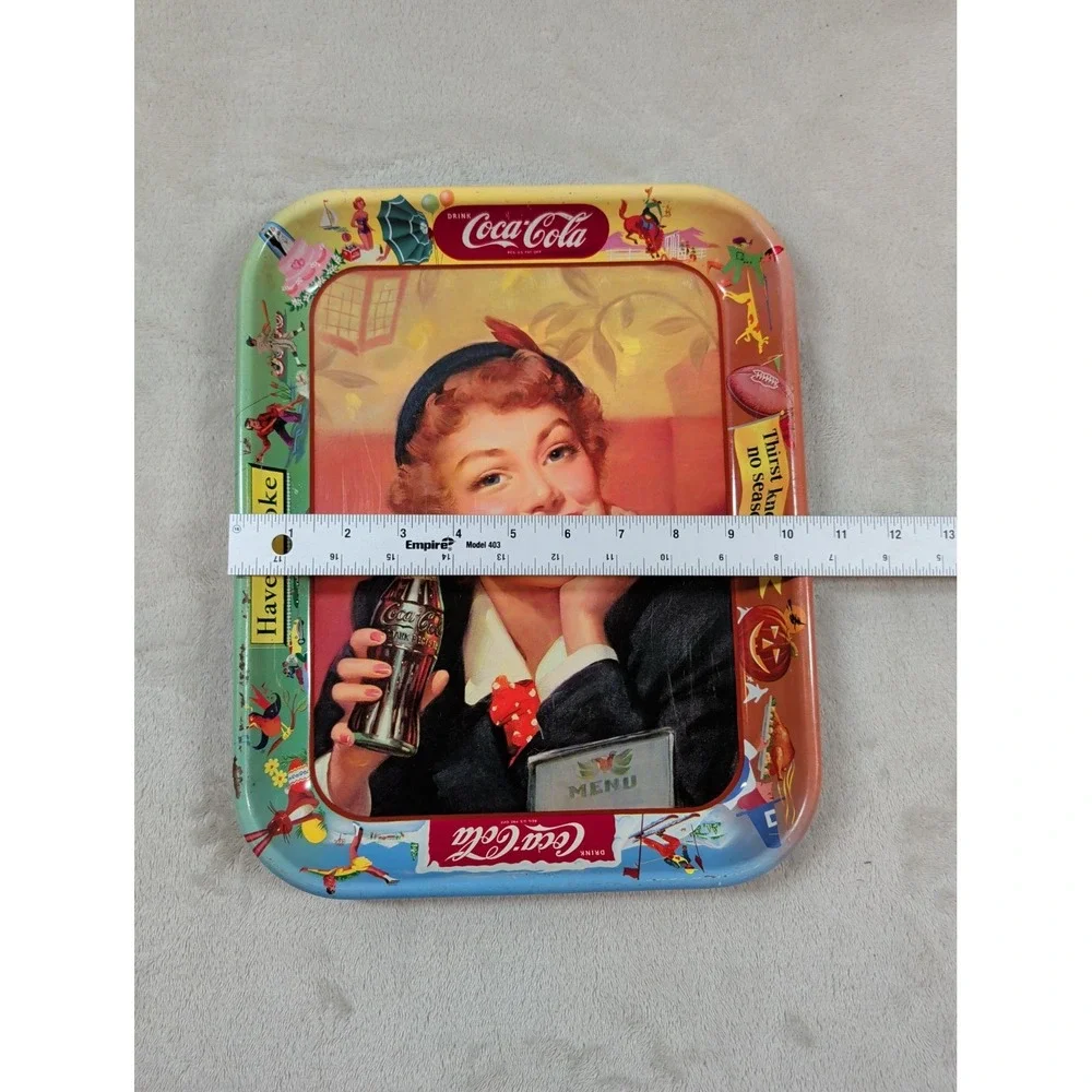 Vtg Coca-Cola Metal Serving Tray Thirst Knows No Season‎ Seasonal Border 1950s